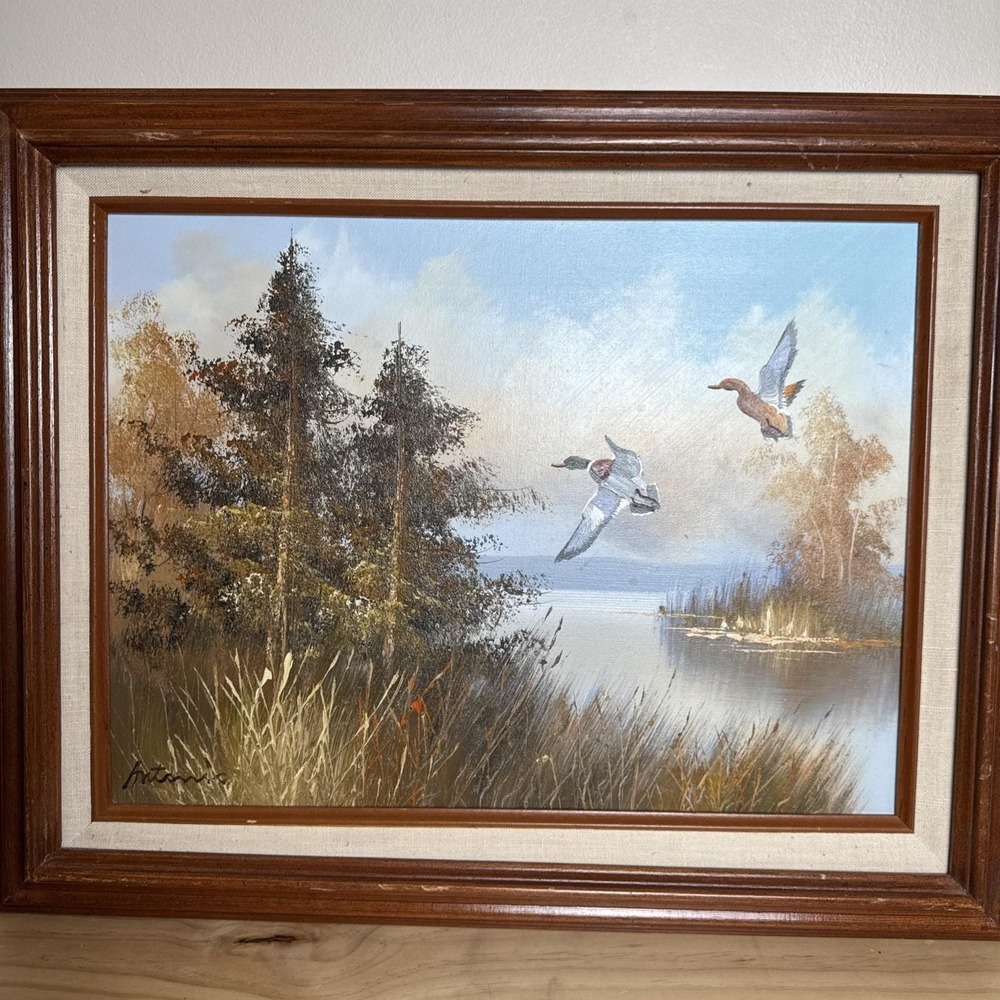 VTG Original 70s Framed Oil Painting Nature Ducks Flying Lake Art 17x20" Western - Picture 2 of 11